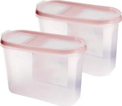 Two clear plastic food storage containers with pink lids are shown against a white background.