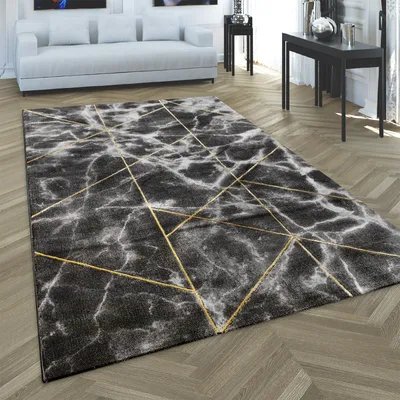 Immagine prodotto di Tappeto soggiorno a pelo corto effetto marmo geometrico effetto 3D oro nero grigio dimensioni 200x290 cm