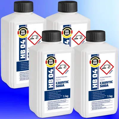 Produktbild von 4x 1kg HB04 Natriumhydroxid Ätznatron kaustisches Soda NaOH Reiniger D+D-V Flasche
