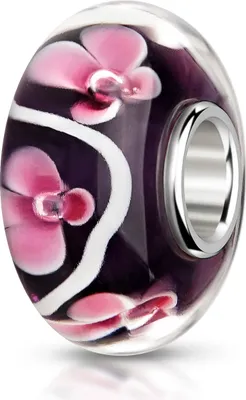 Produktbild von MATERIA by Matthias Wagner Glas Bead violett mit rosa Blüten für Beads Armband 1036