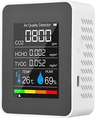 Zdjęcie produktu dla przenośny monitor jakości powietrza 5 w 1 z pomiarem CO₂, HCHO i TVOC, wyświetlaczem LCD oraz testerem temperatury i wilgotności, zasilany akumulatorowo
