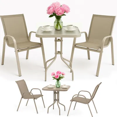 Produktbild von Ein Set Gartenmöbel: ein Glastisch, 2 Stühle für die Terrasse und ein Balkon für den Garten.