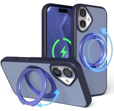 Produktbild von EAZY CASE - MagSafe Handyhülle für Apple iPhone 16, Ring zum Aufstellen, 360° drehbar, Magsafe Silikonhülle zum Aufstellen, stoßfest Cover in Blau