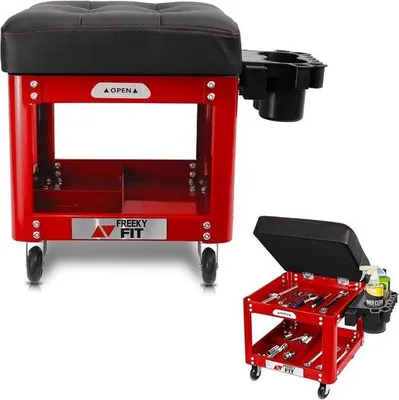Produktbild von Famanu Werkstattstuhl mit Ablagefläche – Gepolsterter Garagehocker mit Rollen und Werkzeugaufbewahrung – 160 kg Tragkraft
