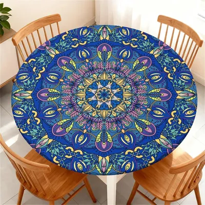 Produktbild von Tischdecke abwaschbar elastisch 110 cm rund wasserdicht fleckabweisend wetterfest Boho-blaues Mandala