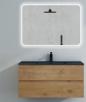 Produktbild von Mai & Mai Badmöbel-Set Waschtisch mit Unterschrank Mineralguss Waschbecken in Anthrazit Waschbeckenunterschrank 100x48x50cm Kerneiche 2-Schubladen Soft-Close inkl. LED-Spiegel Aqualis