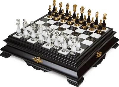 Immagine prodotto di Set Di Scacchi Con Pezzi In Ottone/Legno Oro/Argento + Scacchiera In Marmo/Legno Bianco 46