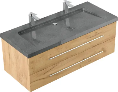 Produktbild von Badmöbel Waschplatz Granit G654 "YAMO 130" 2 Hahnlöcher Eiche Gold