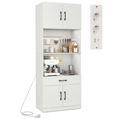 Obrázek produktu pro Kuchyňská skříňka COSTWAY 168 cm, bufetová skříňka se 4 dvířky, zásuvkou, pracovní deskou, 2 policemi, nabíjecí stanicí, 1 USB a 1 Type-C, spížní skříňka, bílá