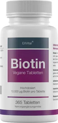Produktbild von Biotin für Haare, Haut und Fingernägel hochdosiert von EXVital, 365 Tabletten