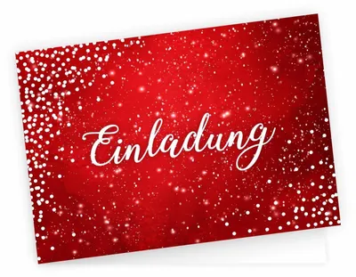 A red invitation card with white glittery snow effect and the word "Einladung" written in white script.