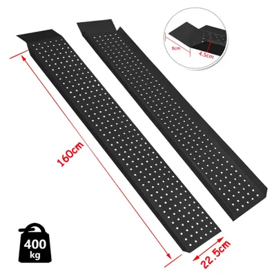 Productafbeelding van Oprijplanken - Set van 2 - 160 cm - Zwart - Staal - Draagvermogen 400 kg - Antislip - Geschikt voor aanhangwagens en motorfietsen