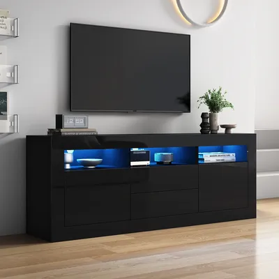 Produktbild von Merax TV-Schrank mit Hochglanzfronten und LED-Beleuchtung,TV-Lowboard mit 3 offenen Fächern und 2 Schubladen, Smart App Steuerung, 160cm Breit Schwarz