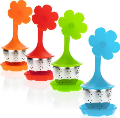 Produktbild von com-four® 4x Tee-Ei aus rostfreiem Edelstahl und Silikon - Teekugel - Teesieb mit Deckel und Untersetzer - Teefilter für Teeliebhaber - spülmaschinengeeignet