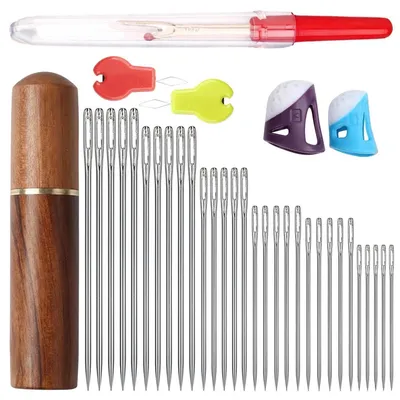 Produktbild von Nähnadeln Set 36 Stück 6 Größen Handnähnadeln 38-67 mm mit Einfädlern Holzröhrchen