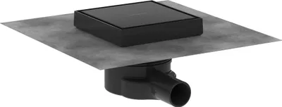 A black square drain with a grey membrane is shown from a diagonal angle.