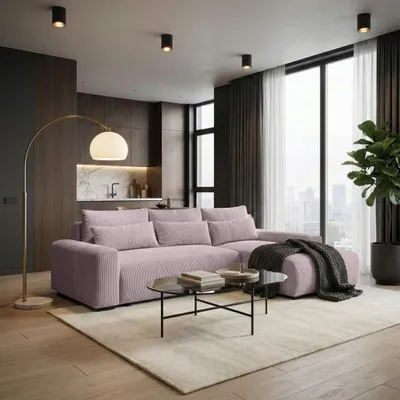 Obrázek produktu pro BEAUTYSOFA | Rohová pohovka BENNY L s funkcí rozkládání a úložným prostorem, růžová – podnožka vpravo – moderní čalouněná pohovka