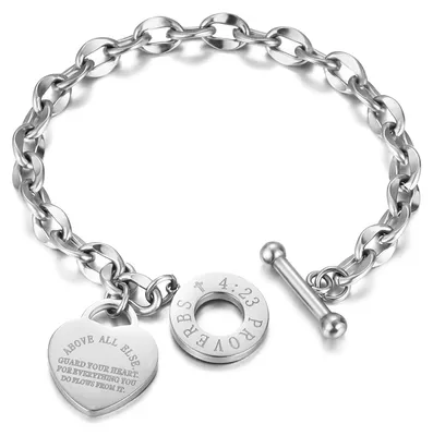 Produktbild von Emibele Armband mit Gravur, Edelstahl Gliederarmkette mit Herzanhänger & OT Schn