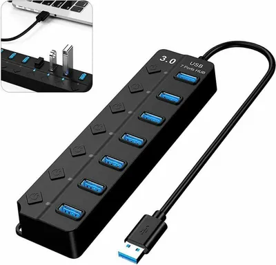 Produktbild von USB 3.0-Hub, Multi-USB-Steckdosenleiste mit 7 Anschlüssen und unabhängigem Schalter, USB 3.0-Hub mit Stromversorgung, mehrere USB-Anschlüsse für PC, Laptop, MacBook, Mac Pro, Mac Mini, iMac, Surface Pro