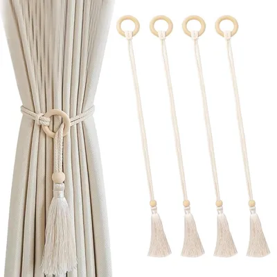 Gardinenhalter 4er-Set, 73 cm, beige, mit Holzring und Quaste