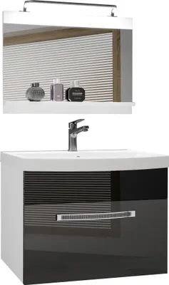 Produktbild von BELINI Badmöbel Vollausstattung Set Waschbeckenschrank, Waschbecken, Spiegel, Lampe (Silber/ Schwarz, Glänzend)