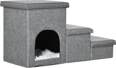 Produktbild von PawHut Hundetreppe, 3 Stufige Katzentreppe mit Höhle, Haustiertreppe mit Stauraum, Kissen, 3-in-1 Haustierrampe, bis 10 kg Belastbar, für Sofa, Bett, Leinen, Hellgrau