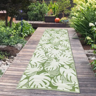 Produktbild von Exotischer Outdoor-Teppich mit tropischen Blättermotiven in Grün Größe - 90 x 300 cm