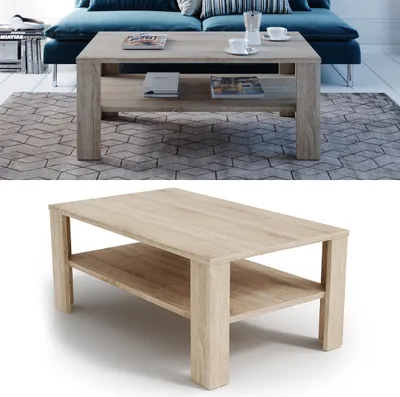 A coffee table is shown in a living room setting and also on a white background.