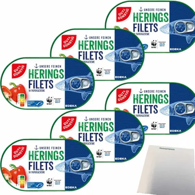Produktbild von Gut & Günstig Heringsfilets in Paprikacreme mit Paprikastückchen 6er Pack (6x200g Dose) + usy Block