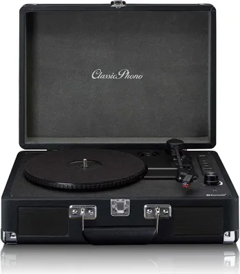 A black record player with its lid open, shown from a front-facing angle.