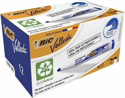 A box of BIC Velleda dry wipe markers for whiteboards.