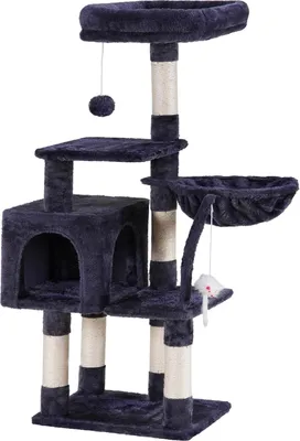 Produktbild von Katzenturm für Wohnungskatzen mit Spielzeug, gepolstertem Plüschplatz, Hängematte und Sisal-Kratzsäulen - Rauchgrau (EMPJ004SG-N)