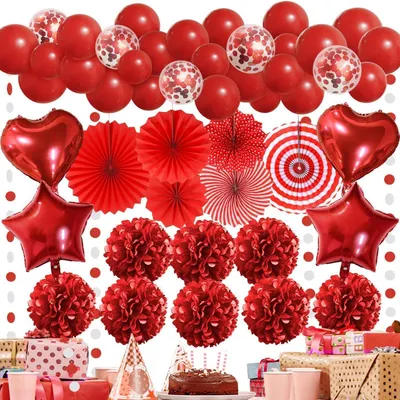 Image de Kit de décoration pour fête : éventails en papier rouges, pompons, ballons, guirlande, idéal pour anniversaire, mariage, Saint-Valentin