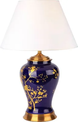 Produktbild von Casa Padrino Luxus Keramik Tischleuchte Blau / Gold / Weiß Ø 42 x H. 62 cm - Runde Keramik Schreibtischleuchte mit Lampenschirm - Luxus Keramik Leuchten