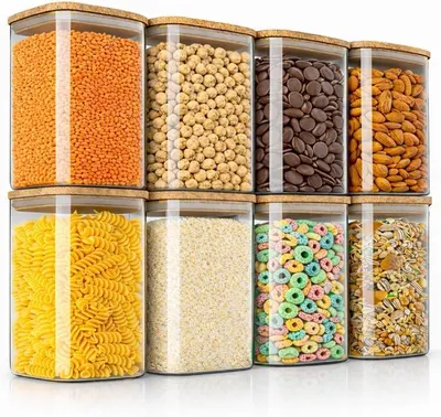 Imagen del producto de - Contenedores herméticos con tapa, capacidad de 1200 ml - Juego de 8 unidades - Contenedores de vidrio, resistentes al calor - Recipientes/frascos para almacenamiento con tapa de bambú - Herméticos - Ideales para cereales, azúcar, harina, café, arroz
