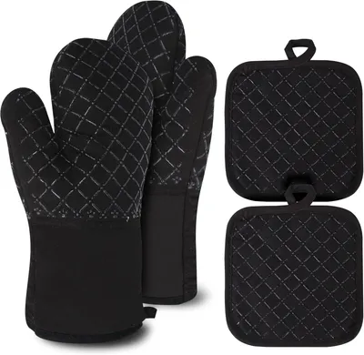 Produktbild von Ofenhandschuhe, Topflappen Handschuh, Grillhandschuhe, hitzebeständig bis 300°C, Silikon, rutschfest, extra langer Unterarmschutz