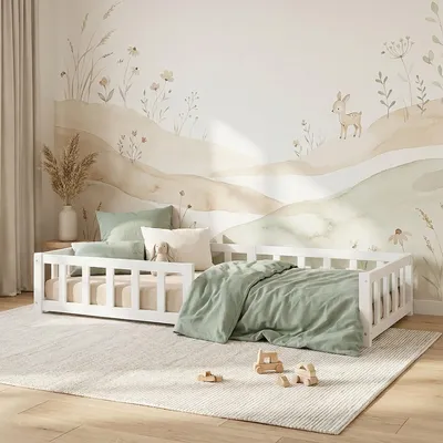 Produktbild von Homestyle4u Kinderbett 90x200 mit Rausfallschutz Weiß Bodenbett Montessori Bett Lattenrost Matratze mit ® Standard 100