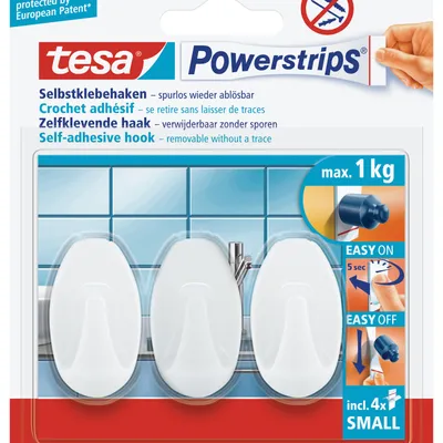 Zdjęcie produktu dla TESA Powerstrips, Haczyk na ręczniki, Biały, Plastik, 1 kg, 3 szt., Blister