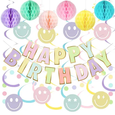 Productafbeelding van Happy Birthday-slingerset, pastelkleurige verjaardecoratie: 1 banner, 8 slingers, 6 honingraatballen, 1 cirkelgirlande