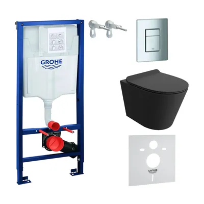 GROHE Vorwandelement Solido + Wand Hänge WC Galve Schwarz Spülrandlos + WC-Sitz SoftClose |Verchromter Knopf | Komplettset | Unterputz Spülkasten |  Toilette Komplett Sett