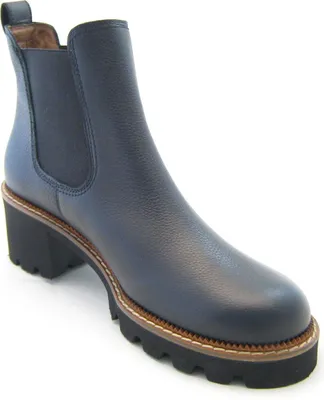 A single black leather Chelsea boot with a chunky heel and sole, shown from a side-angle against a white background.