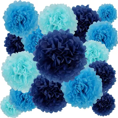 Productafbeelding van Set van 16 Blauwe Seidenpapier Pompons voor Feestdecoratie