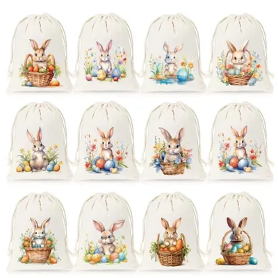 Produktbild von 12er Pack Jute-Osterbeutel 10x15cm mit Kordel für Süßigkeiten & Deko