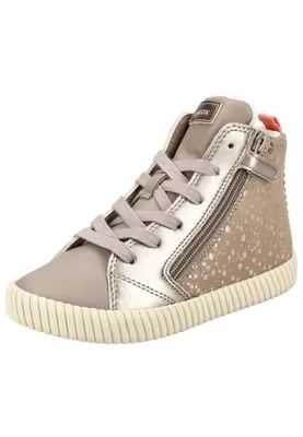 A single beige high-top sneaker with silver accents and pink speckles is shown against a white background.