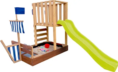 Immagine prodotto di AXI Vicky Torre gioco per bambini in legno, scivolo giallo | Casetta da gioco per giardino / sabbiera, cucina da gioco e lavagna | Giochi in legno da esterno