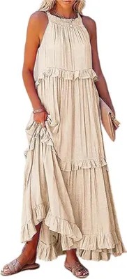 Produktbild von ASKSA Damen Langes Kleid Sommer Big Swing Strandkleid y Kleid Women Cover up Bikini Maxi Beachwear Kleider, Aprikose, Groesse: XXL