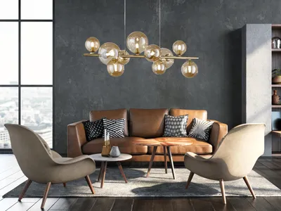 Produktbild von Ausgefallene Pendelleuchte VILLA Gold matt - Glaskugeln Amber, Breite 86cm