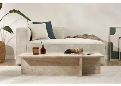 Zdjęcie produktu dla Stolik kawowy prostokątny HARBOR, płyty melaminowe imitujące trawertyn, nowoczesny design na nóżkach, wymiary: 120x45x30 cm