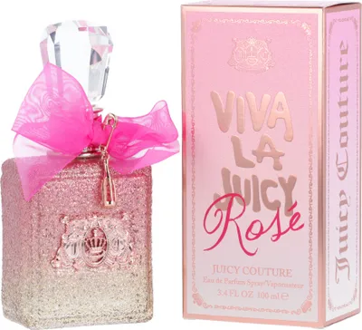 A bottle of Juicy Couture Viva La Juicy Rose Eau de Parfum and its packaging are displayed side-by-side against a white background.