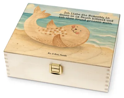 Produktbild von Mr. & Mrs. Panda Holz Teebox Robbe Liegen Design - Weiß - Geschenk, Tee Organizer, Teebeutel, für Paare, Seehund, Strand, Tiermotive, Nordsee, Teekästchen, Teedose
